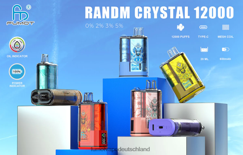 Fumot E Zigarette - Fumot Crystal 20 ml 12000 Einweg-Vape-Box (1 Stück) BF6N4P278 rotes Apfeleis