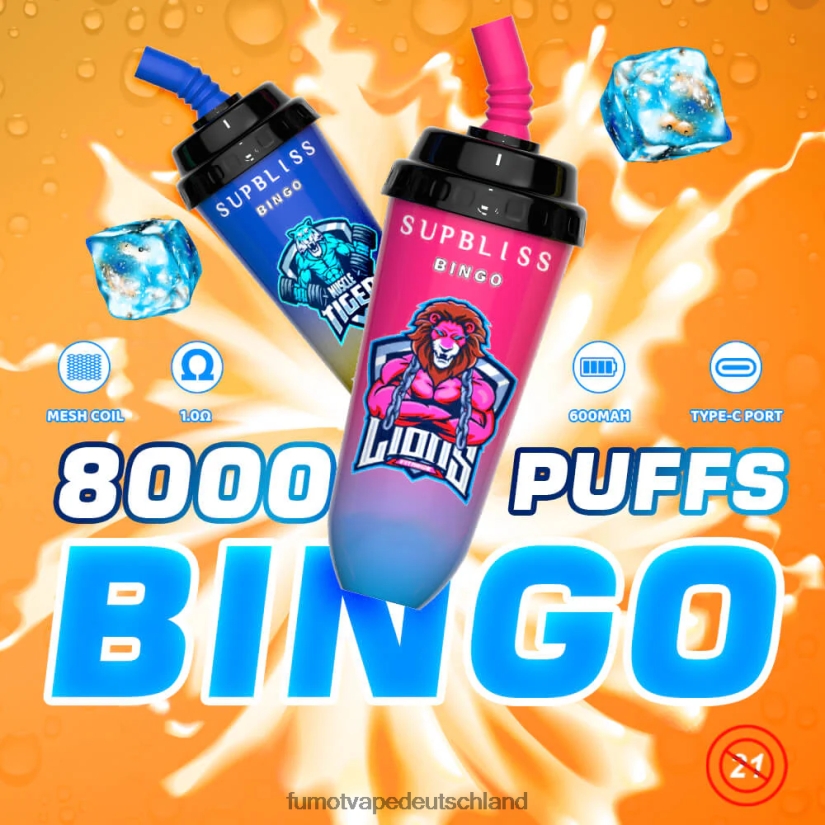 Fumot E Zigarette - Fumot Supbliss Bingo 16 ml 8000 Einweg-Vape-Pod-Gerät (1 Stück) BF6N4P408 Erdbeereis