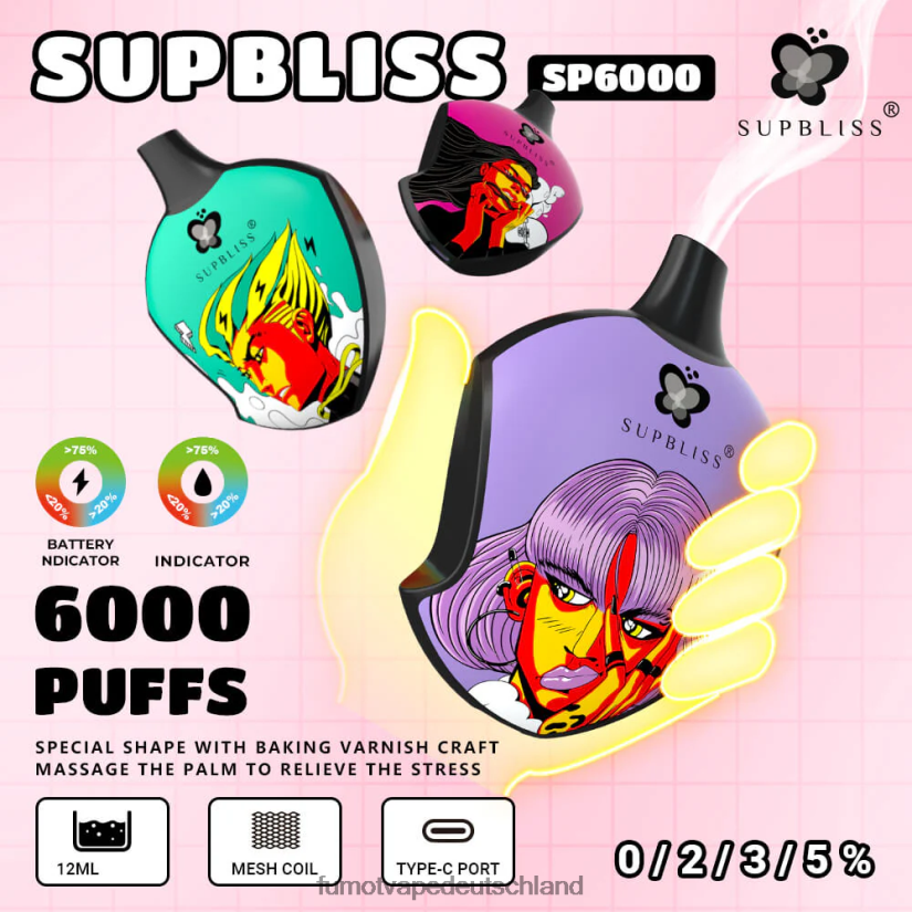 Fumot E Zigarette - Fumot Supbliss SP6000 Einweg-Vape-Pod – 12 ml (1 Stück) BF6N4P458 Pfirsich-Mango-Wassermelone