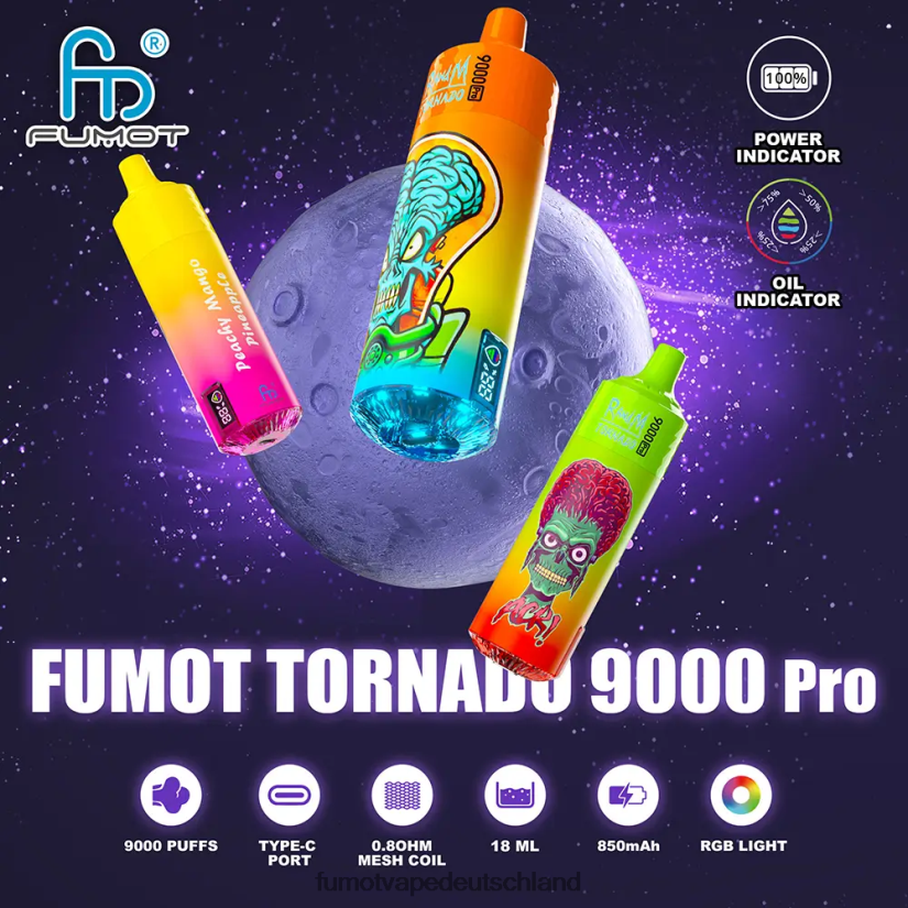 Fumot E Zigarette - Fumot Tornado 1 Stück 9000 Pro 18 ml Einweg-Vaporizer BF6N4P238 Sommerpfirsicheis