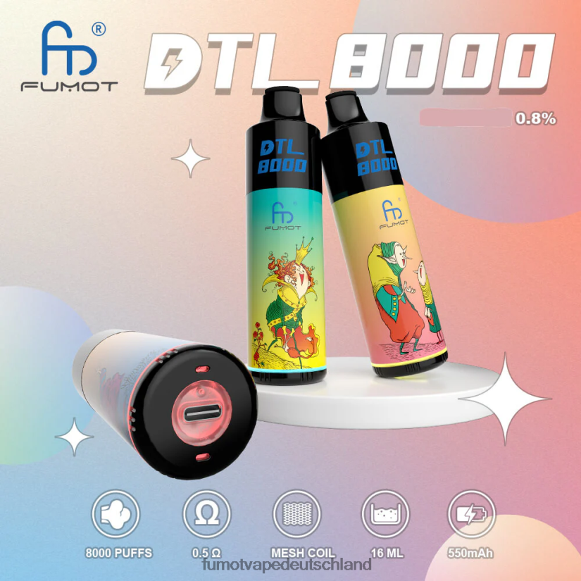 Fumot Vape Online Shop - Fumot DTL 8000 Einweg-Vape-Pen – 16 ml (1 Stück) BF6N4P415 blaue Himbeerzitrone