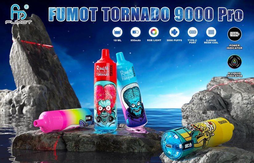 Fumot Preis - Fumot Tornado 1 Stück 9000 Pro 18 ml Einweg-Vaporizer BF6N4P237 Erdbeer-Himbeer-Eis